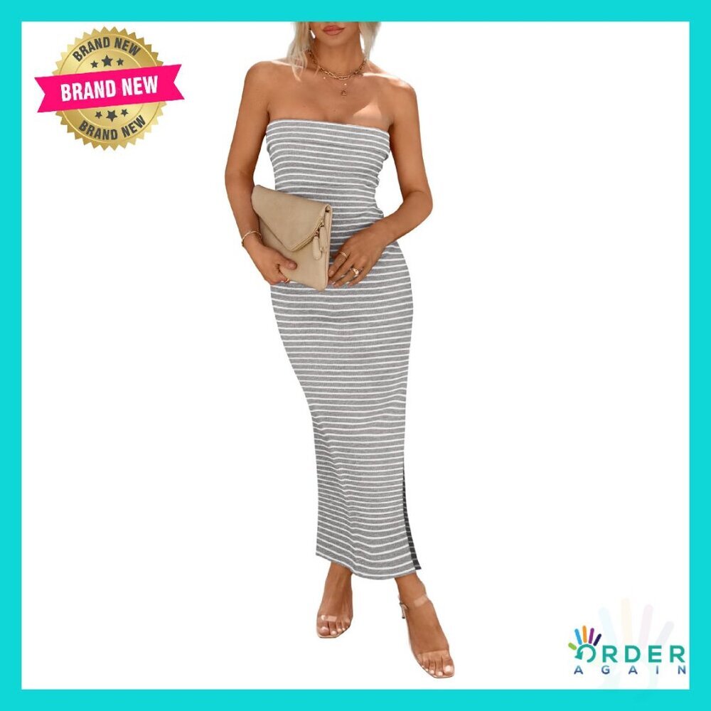 Strapless Maxi Tube Dress Ribbed Bodycon Slit Elegant Party Wear